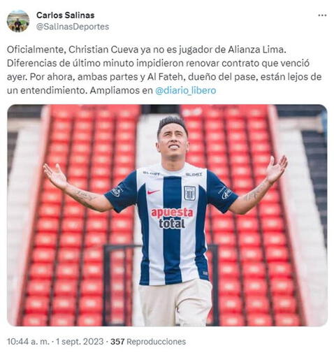 Christian Cueva no logró anotar en su segunda etapa en Alianza Lima. Foto: captura de Twitter/Carlos Salinas   