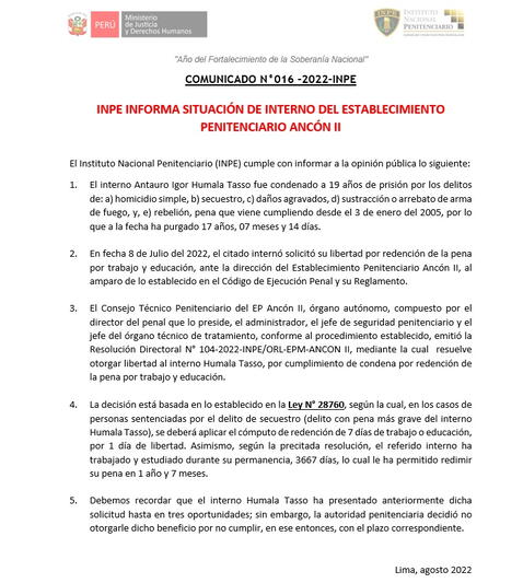 Antauro Humala fue puesto en libertad tras cumplir su sentencia