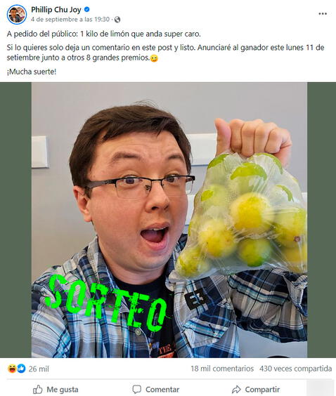 Phillip Chu Joy anuncia el sorteo de 1 kilo de limón