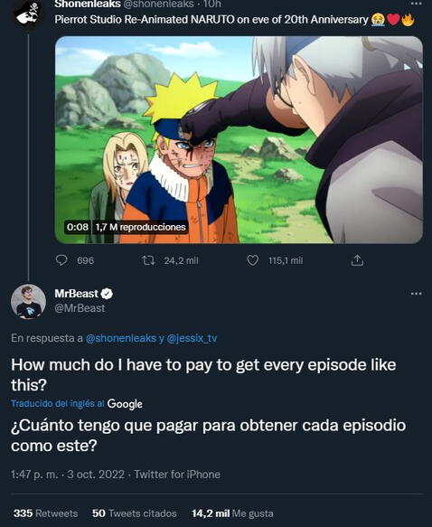 ¿MrBeast pagará para nuevo Anime de Naruto? El Youtuber se hace viral tras mensaje