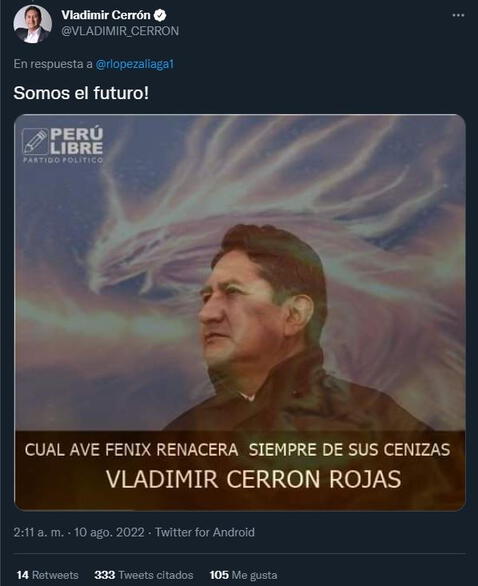 Vladimir Cerrón es troleado en Twitter, luego de compartir que 