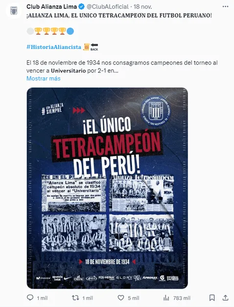 Alianza Lima incendió redes sociales con publicación sobre título de 1934. Foto: X/Alianza Lima   