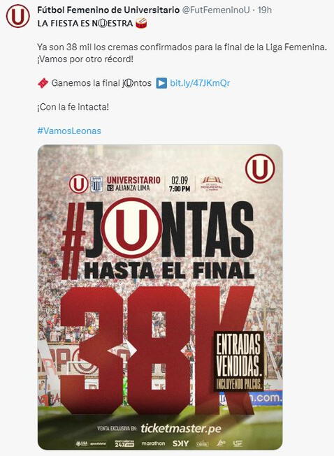 Universitario jugará con un Estadio Monumental casi lleno. Foto: Twitter Universitario Femenino   