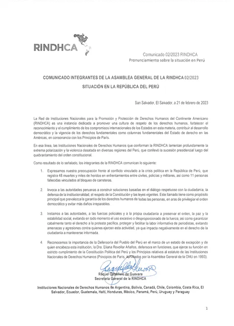 Comunicado de la RINDHCA. Foto: documento.    