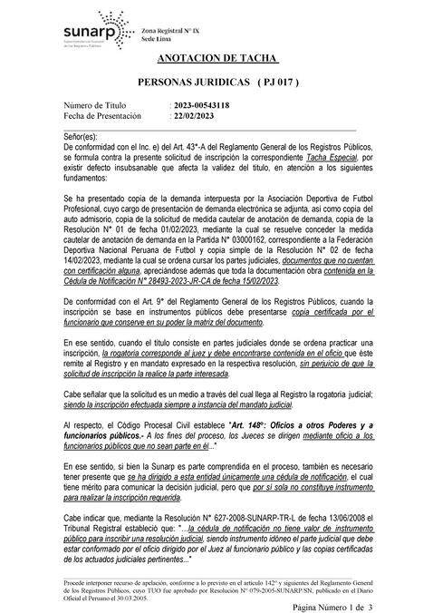 Documento oficial de la resolución. Foto: Sunarp