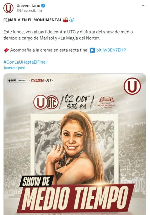 Marisol se presentará en el Estadio Monumental cuando la U enfrente a UTC. Foto: Universitario   