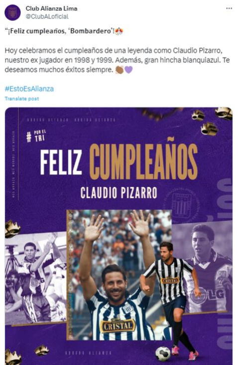 Alianza Lima se sumó a la lista de clubes que saludaron a Claudio Pizarro. Foto: Twitter Alianza Lima 