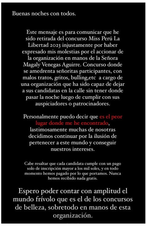  25.11.2026 | Comunicado de la candidata Mariana Lucia sobre su retiro de Miss Perú La Libertad. Foto: Instagram/Mariana Lucia Andonaire Martínez<br><br>    