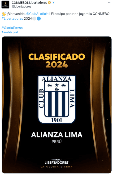 Las redes de la Copa Libertadores anunciaron la clasificación de Alianza Lima. Foto: X de Copa Libertadores   