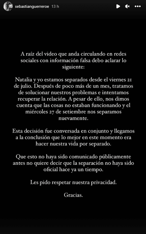 8.10.2023 | Comunicado de Sebastián Guerrero 'Chaz', esposo de la influencer Natalia Merino. Foto: Instagram/ Sebastián Guerrero Elías    