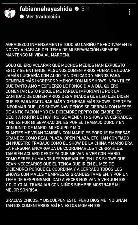  1.12.2023 | Segundo comunicado de Fabianne Hayashida sobre su relación laboral con Mario Rangel. Foto: captura Fabianne Hayashida Instagram<br><br>  