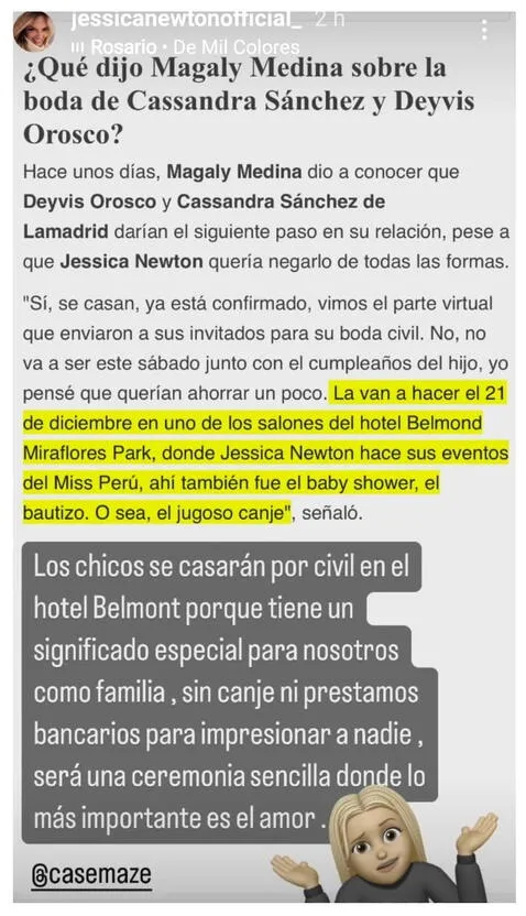  4.12.2023 | Jessica Newton sobre la boda de Cassandra Sánchez y Deyvis Orosco. Foto: Jessica Newton/Instagram<br><br>    