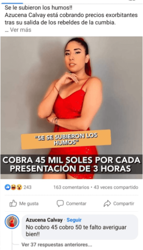 Azucena Calvay sorprende al trolear a usuario que aseguró que cobra S/45.000 por presentación