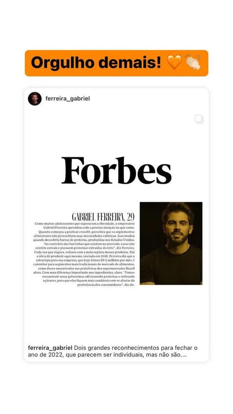  Gabriel Ferreira celebró ser incluido en el listado Forbes Under 30. Foto: Instagram captura Gabriel Ferreira <br>    