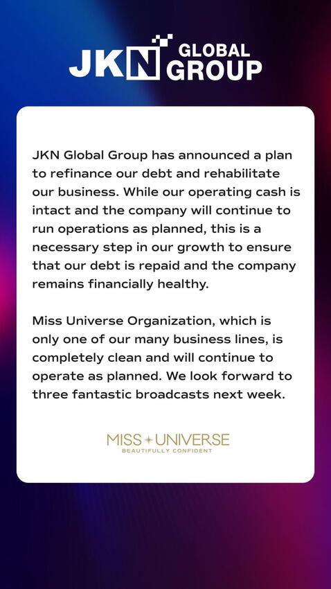  9.11.2023 | Comunicado de JKN Global Group. Foto: Miss Universe/Instagram<br><br>    