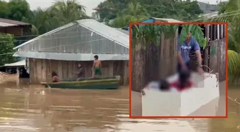 Niños usan refrigeradora para transportarse en inundaciones tras 11 horas de lluvia en Loreto