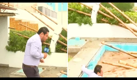 Reportero cae a piscina de Susana Villarán en Lurín cuando informaba en vivo de su demolición