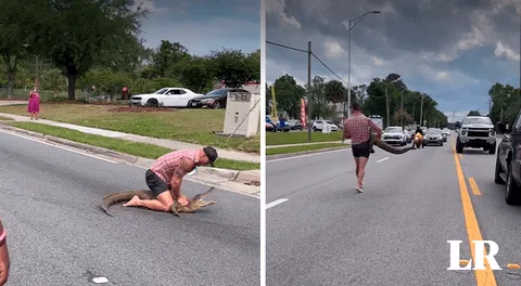 Captan instante en el que hombre se enfrenta 'sin ayuda' a un caimán en una calle de Estados Unidos