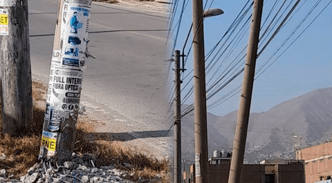 Poste a punto de caer pone en riesgo a vecinos de Chosica: solo se sostiene con los cables de luz