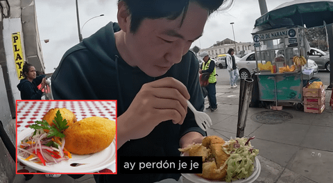 Coreano prueba comida callejera peruana y queda sorprendido con la papa rellena: "Me encantó"