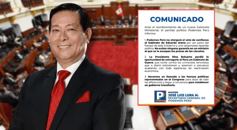 Podemos Perú anuncia que no dará el voto de confianza al gabinete de Eduardo Arana