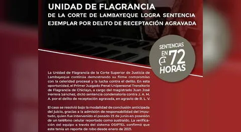 Unidad de Flagrancia de la Corte de Lambayeque logra sentencia ejemplar por delito de receptación agravada