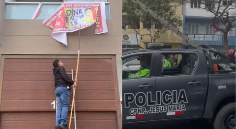 Dina Boluarte: policías vestidos de civiles retiran pancarta en contra de la presidenta durante el Desfile Cívico Militar