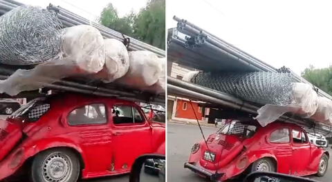 Conductor sorprende a ciudadanos en Trujillo al llevar enorme carga en pequeño Volkswagen