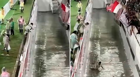 Fue a celebrar un gol a la tribuna, pero terminó cayendo por una fosa de 2 metros y en redes dicen: "Peor es descender"