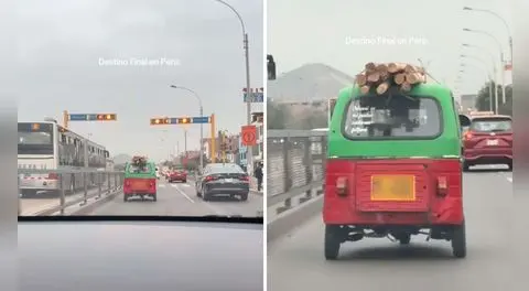 Mototaxi es captada llevando troncos en el techo y usuarios en redes bromean "Destino Final de Temu"