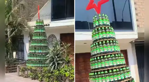 Familia arma árbol de Navidad gigante con botellas de cerveza y se vuelve viral en redes: “¡Que no lo vea el reciclador del barrio!”
