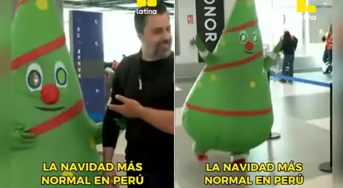 Mujer se disfraza de árbol de Navidad para recibir a su esposo en el aeropuerto y redes estallan: "Baila, arbolito, baila"