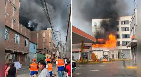 Gigantesco incendio código 4 en almacén a metros de un grifo moviliza al menos 19 unidades de bomberos en el Rímac