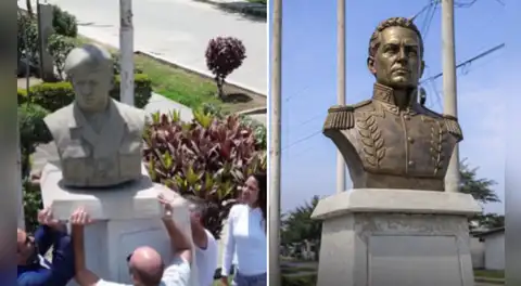 Comunidad venezolana retira estatua de Hugo Chávez en Perú y coloca busto de Simón Bolivar en Chincha