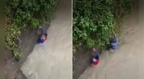 Niño de 12 años cae a río Llaucano, en Cajamarca, y vecino se lanza para rescatarlo