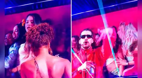 Captan tenso momento entre invitadas a la ‘casita’ de Bad Bunny al empujarse por salir en pantalla durante concierto