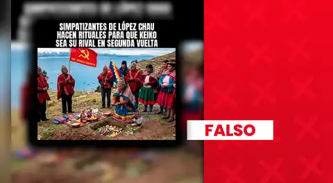 Es falso que seguidores de Alfonso López Chau realizaran un ritual con una bandera comunista: la imagen fue generada con IA
