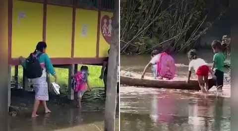 Estudiantes de Pucallpa inician año escolar cruzando el colegio en botes tras inundación por la crecida del río Ucayali