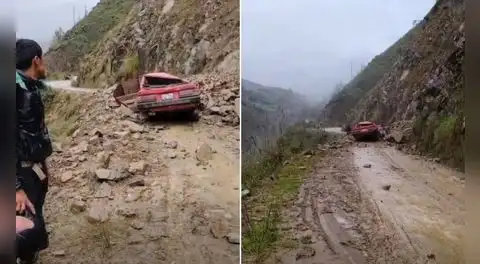 Docentes salvan de morir tras caída de rocas que destruyó su vehículo en Huánuco