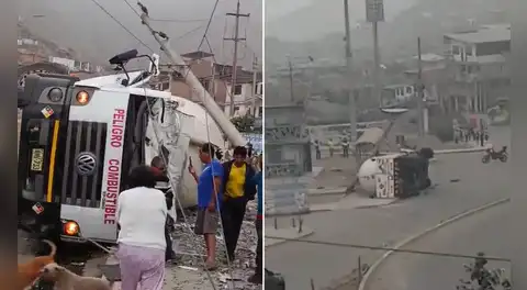Camión cisterna de gas se volcó tras perder el control en Comas: conductor quedó atrapado dentro de la unidad