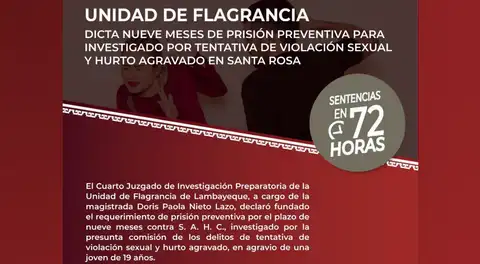 Dictan nueve meses de prisión preventiva por tentativa de violación sexual en Santa Rosa