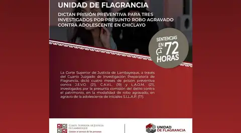 Dictan prisión preventiva para tres investigados por presunto robo agravado a adolescente en Chiclayo