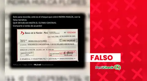 Es falso el cheque de US$250 mil a favor de la diputada Indira Huilca que está circulando en redes sociales