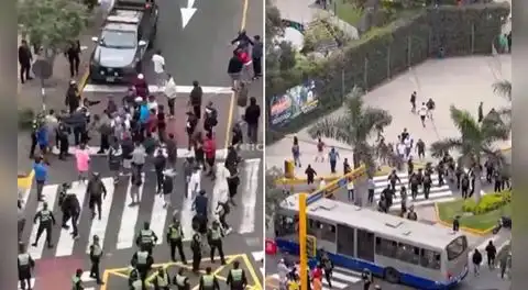 Policías y transportistas se enfrentan por carril exclusivo del Corredor Azul en la Av. Arequipa