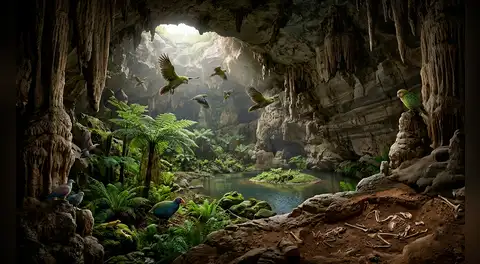 Una cueva en Nueva Zelanda conservó un mundo perdido de hace un millón de años: loros ancestrales y una comunidad de aves moldeada por súper-erupciones y eras de hielo