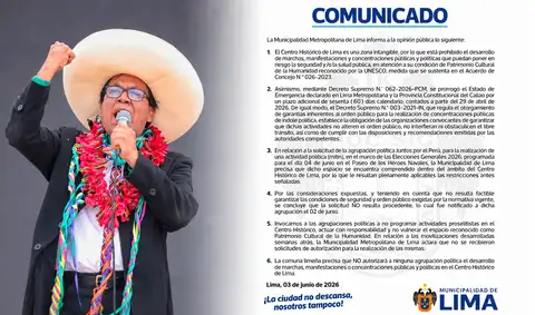 Municipalidad de Lima niega permiso a Juntos por el Perú para cierre de campaña en el Centro Histórico