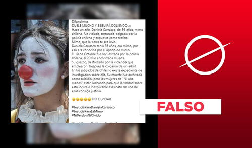 No, la  foto no corresponda a Daniela Carrasco, “La mimo” que fue hallada muerta en Chile. Foto: plantilla de Verificador de La República / captura en Facebook.