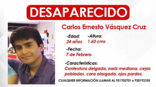 Luego de retornar de Trujillo en enero de este año, joven tenía pensado mudarse de San Juan de Lurigancho a Surquillo. desaparecidos peru Carlos Ernesto Vásquez Cruz