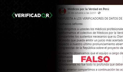 La publicación de 'Médicos por la Verdad en Perú' contiene cuatro afirmaciones falsas y una imprecisa. Foto: LR