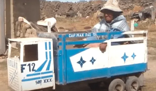 Abuelita usa camión de juguete para recorrer el campo y cobrar el bono COVID-19 [VIDEO]